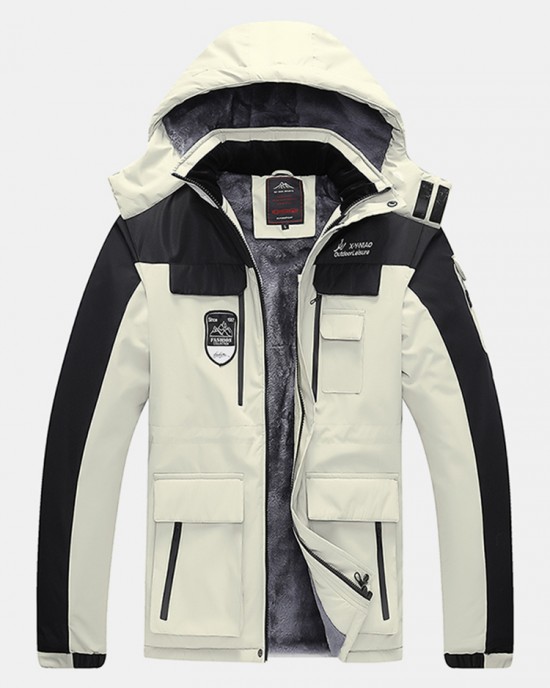 Mens Patchwork Windproof Warm Thick Fleece Lined Hooded Coats With Pocket Mens Patchwork Windproof Warm Thick Fleece Lined Hooded Coats With Pocket