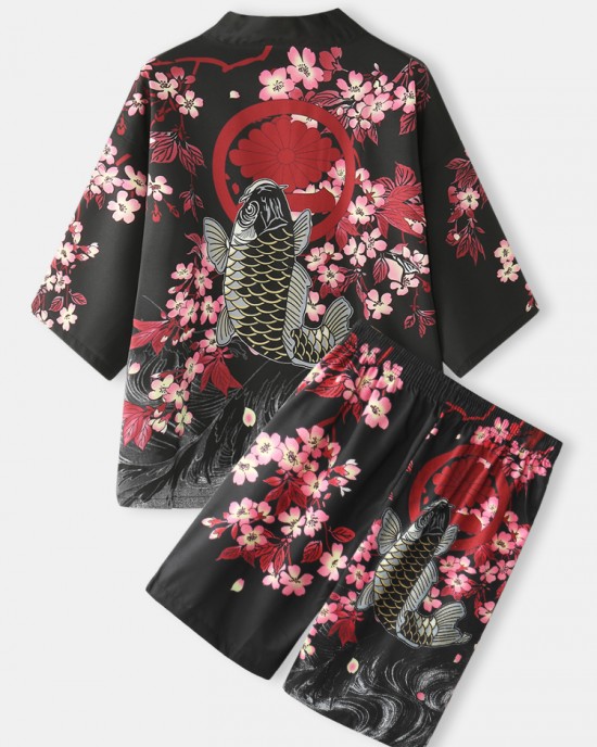 Mens Kimono Carp Flower Print Japanese Fish Elastic Waist Two Piece Outfits Mens Kimono Carp Flower Print Japanese Fish Elastic Waist Two Piece Outfits